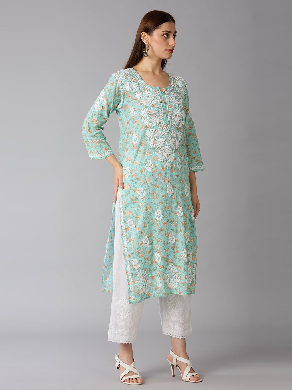 Lucknow Chikankari Hand Embroidered Long Kurta Mulmul Cotton - Indiankala4u