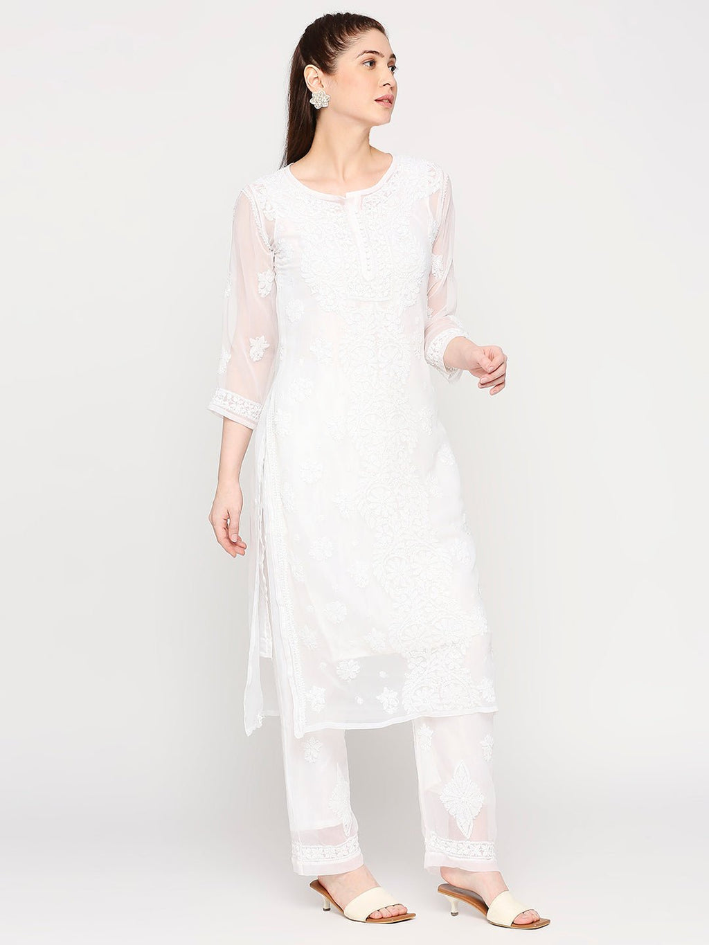 Lucknow Chikankari Hand Embroidered Long Kurta Set and matching Slip - Indiankala4u