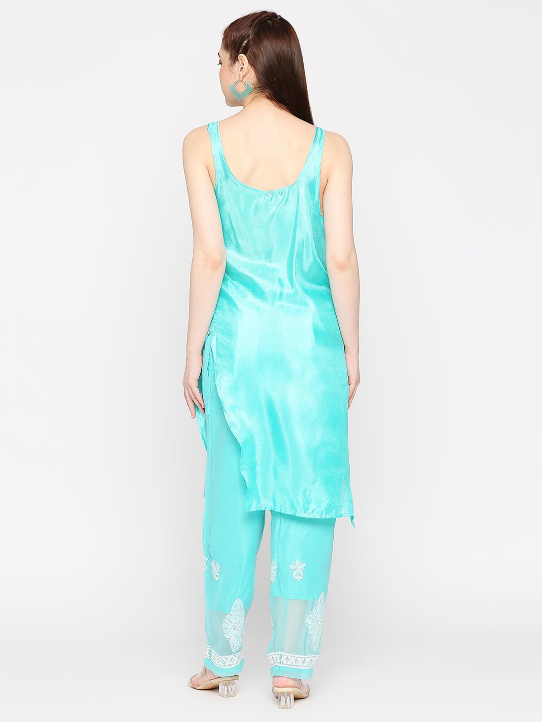 Lucknow Chikankari Hand Embroidered Long Kurta Set and matching Slip - Indiankala4u