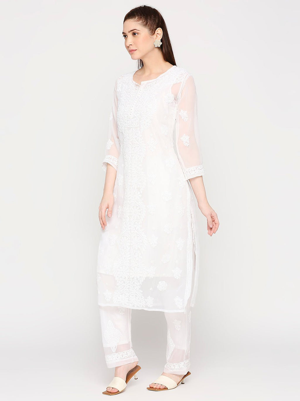 Lucknow Chikankari Hand Embroidered Long Kurta Set and matching Slip - Indiankala4u