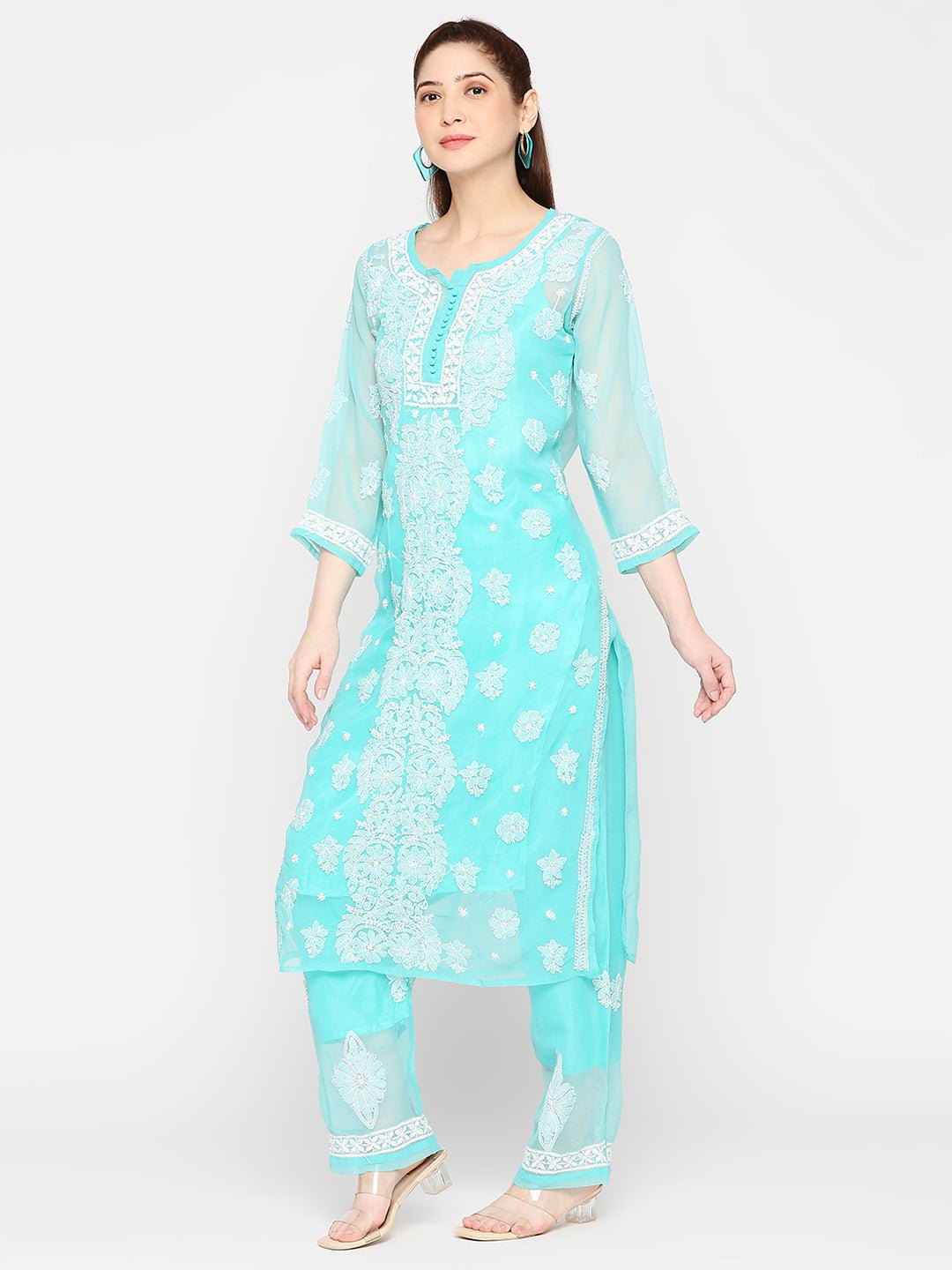 Lucknow Chikankari Hand Embroidered Long Kurta Set and matching Slip - Indiankala4u