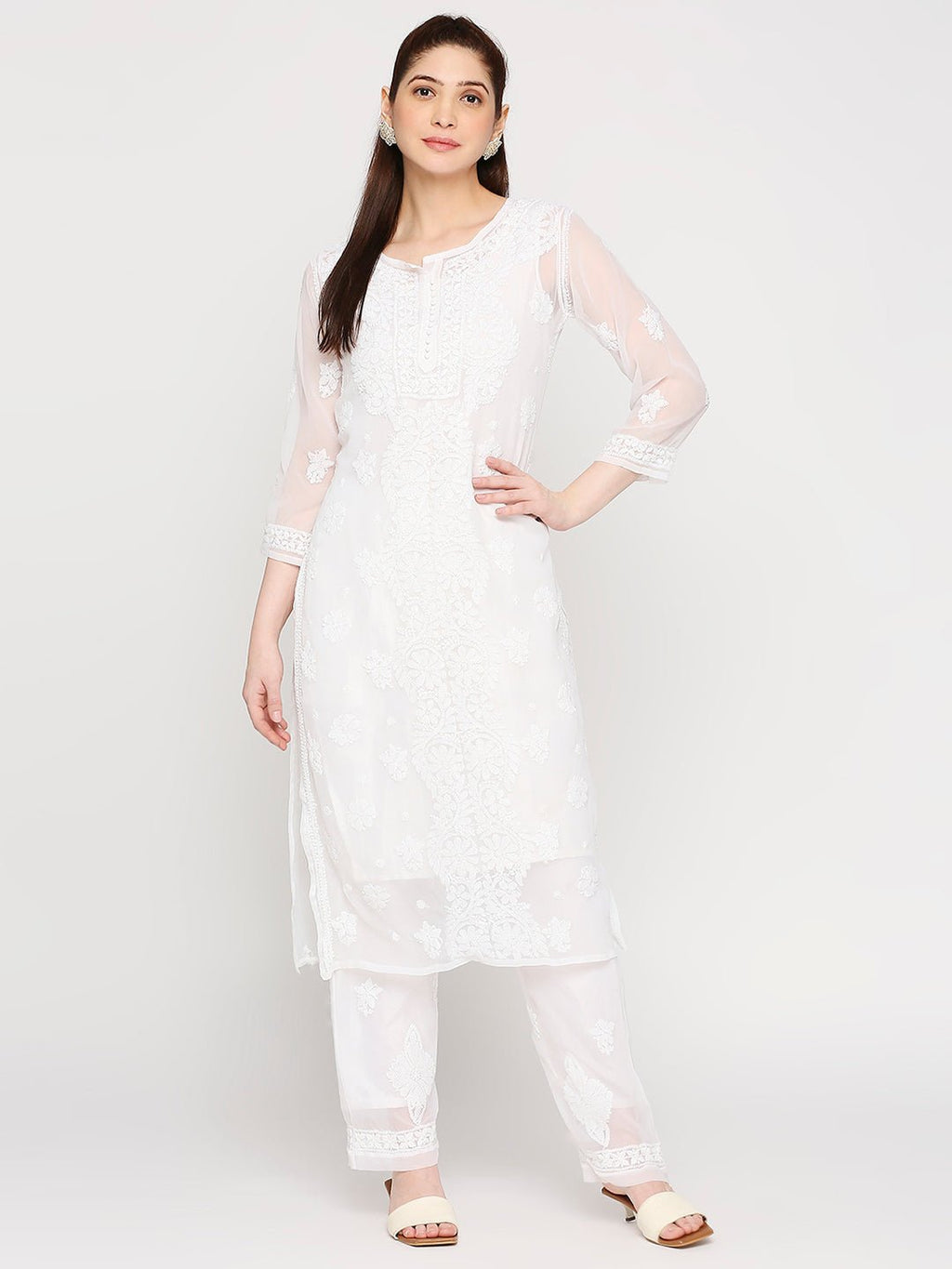 Lucknow Chikankari Hand Embroidered Long Kurta Set and matching Slip - Indiankala4u
