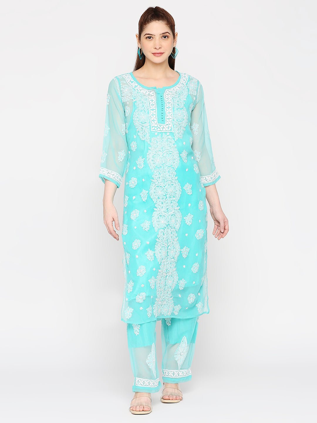 Lucknow Chikankari Hand Embroidered Long Kurta Set and matching Slip - Indiankala4u