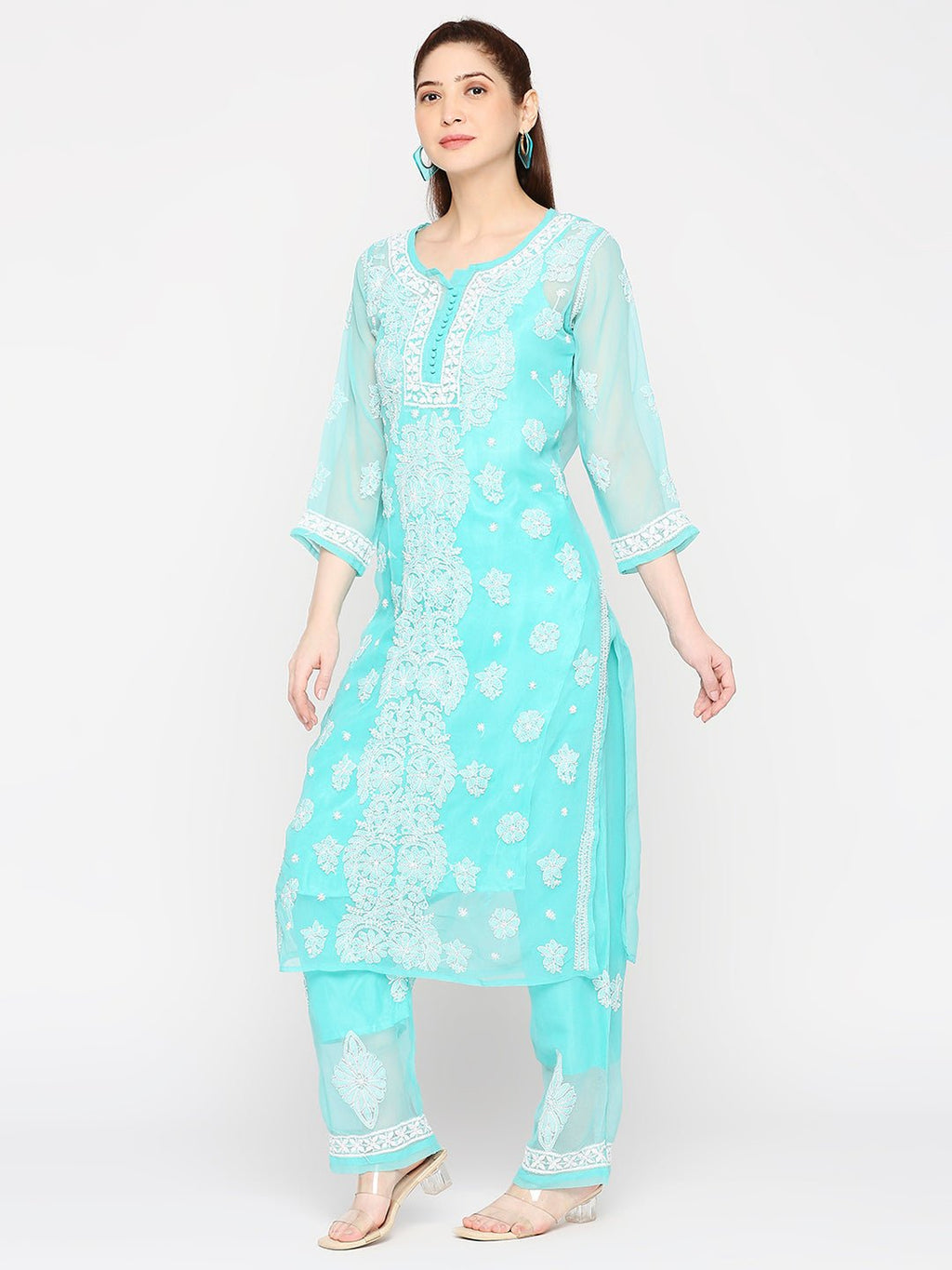 Lucknow Chikankari Hand Embroidered Long Kurta Set and matching Slip - Indiankala4u