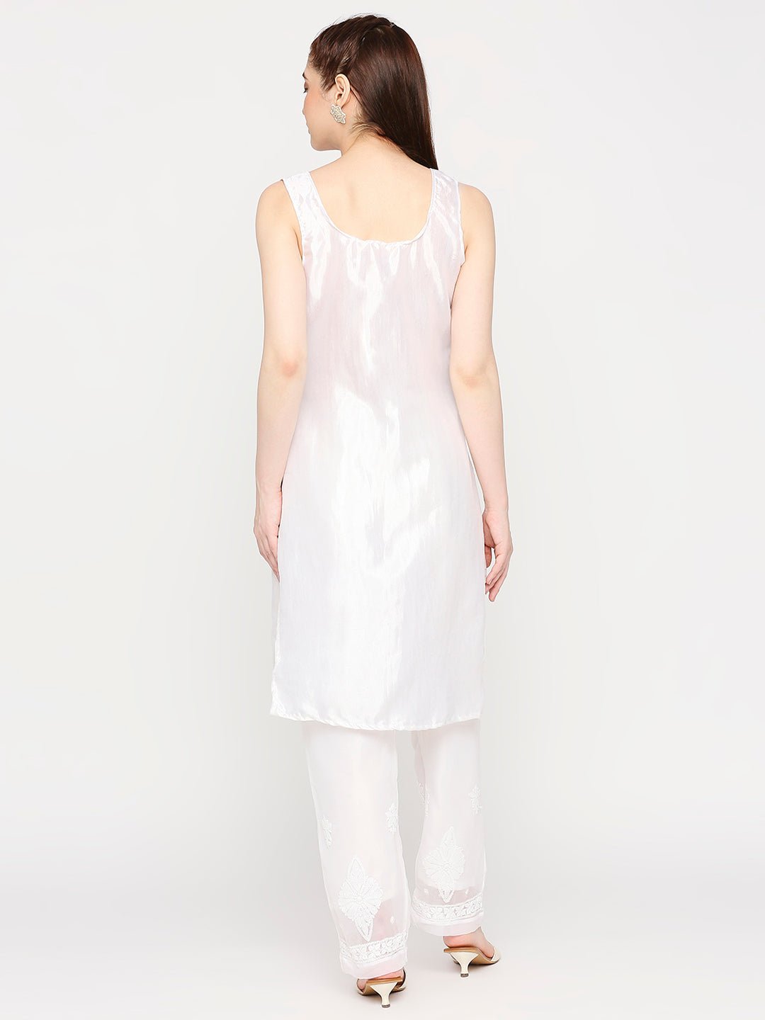 Lucknow Chikankari Hand Embroidered Long Kurta Set and matching Slip - Indiankala4u