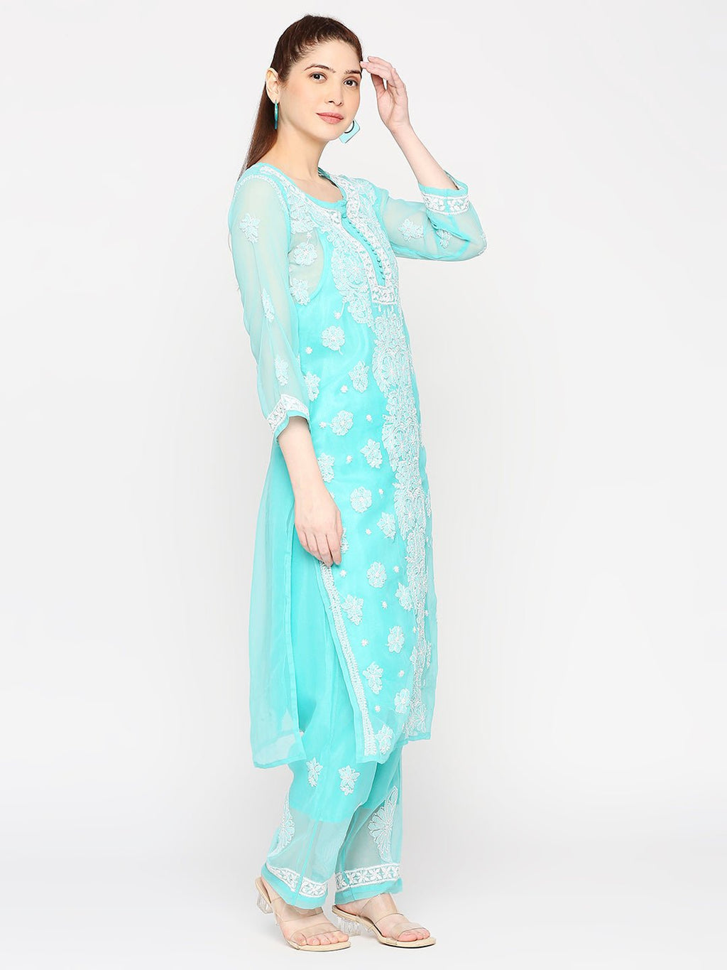 Lucknow Chikankari Hand Embroidered Long Kurta Set and matching Slip - Indiankala4u