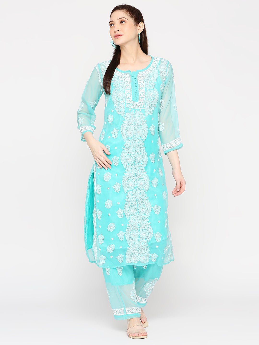 Lucknow Chikankari Hand Embroidered Long Kurta Set and matching Slip - Indiankala4u