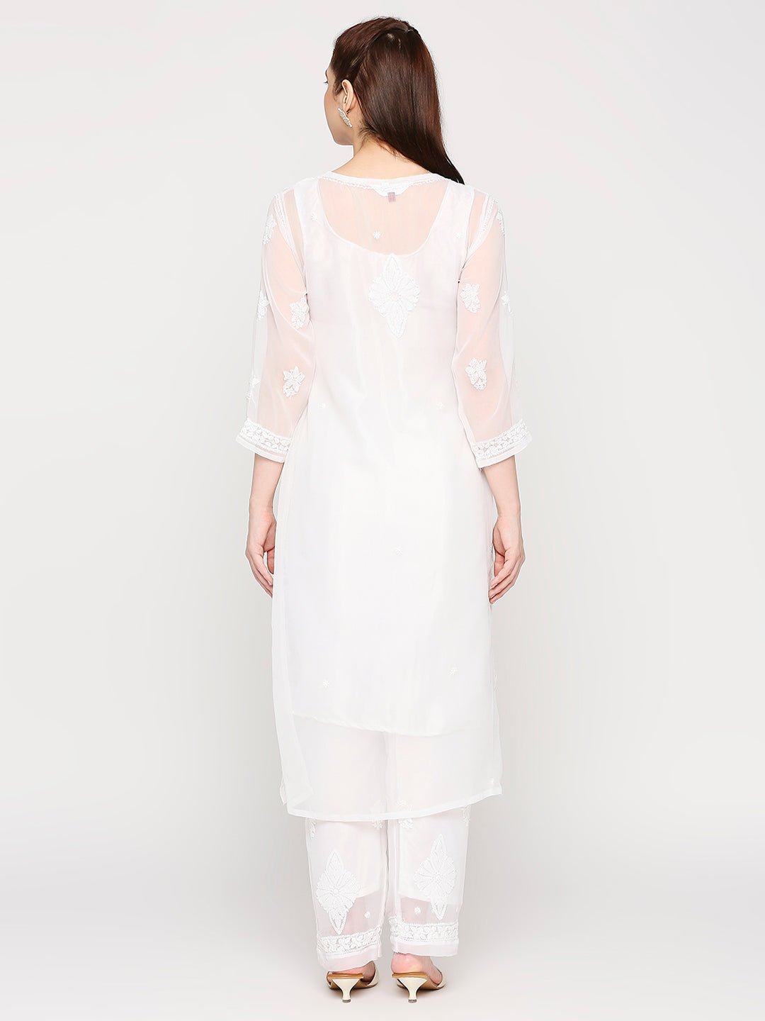 Lucknow Chikankari Hand Embroidered Long Kurta Set and matching Slip - Indiankala4u