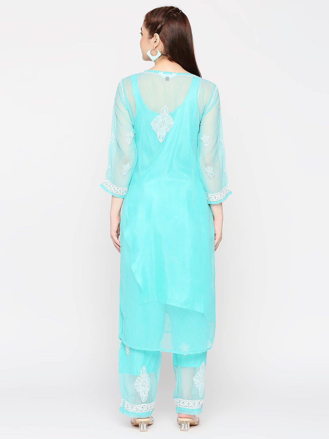 Lucknow Chikankari Hand Embroidered Long Kurta Set and matching Slip - Indiankala4u