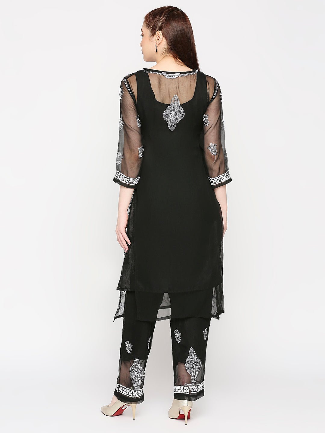 Lucknow Chikankari Hand Embroidered Long Kurta Set and matching slip Black - Indiankala4u