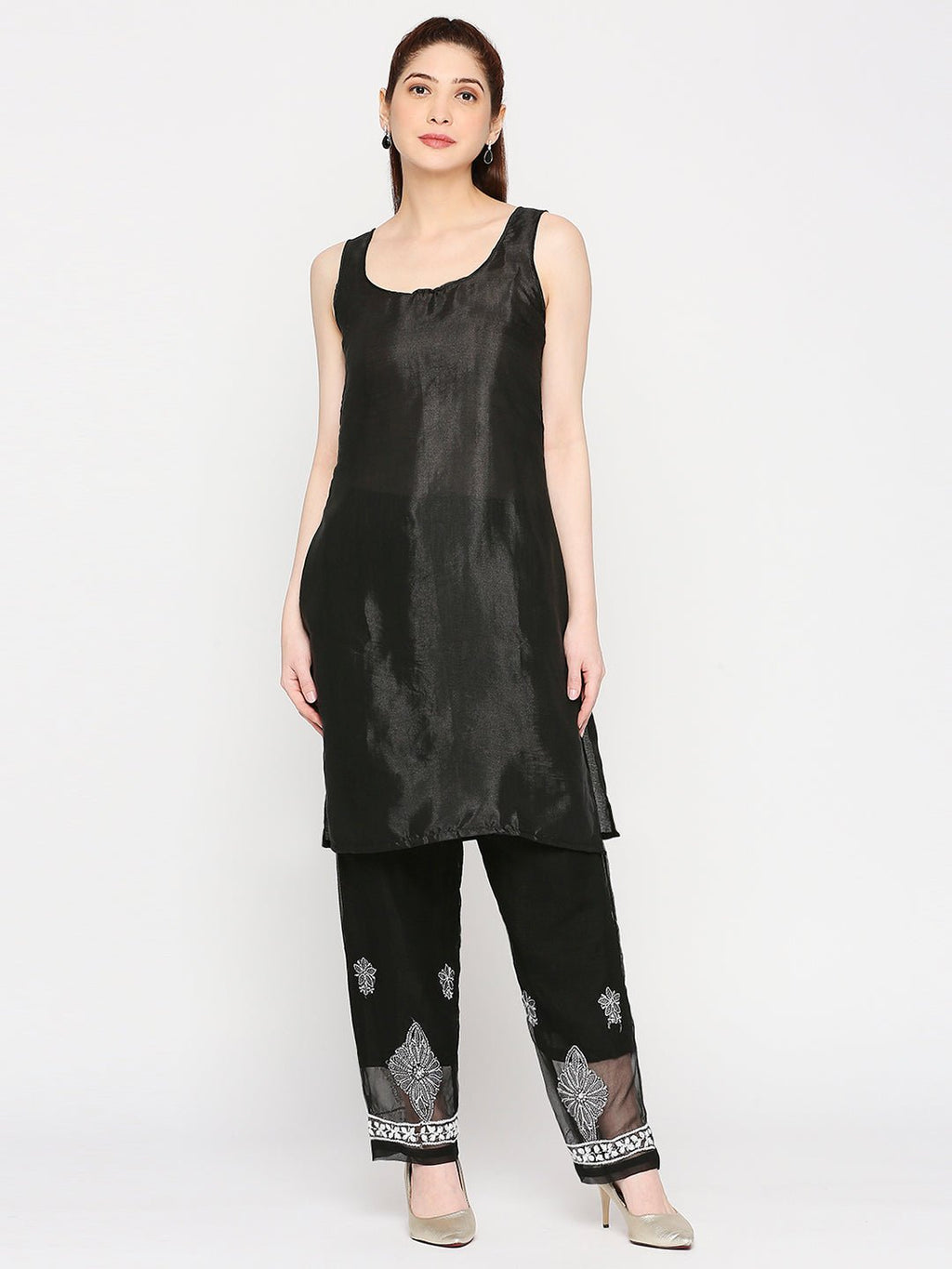 Lucknow Chikankari Hand Embroidered Long Kurta Set and matching slip Black - Indiankala4u