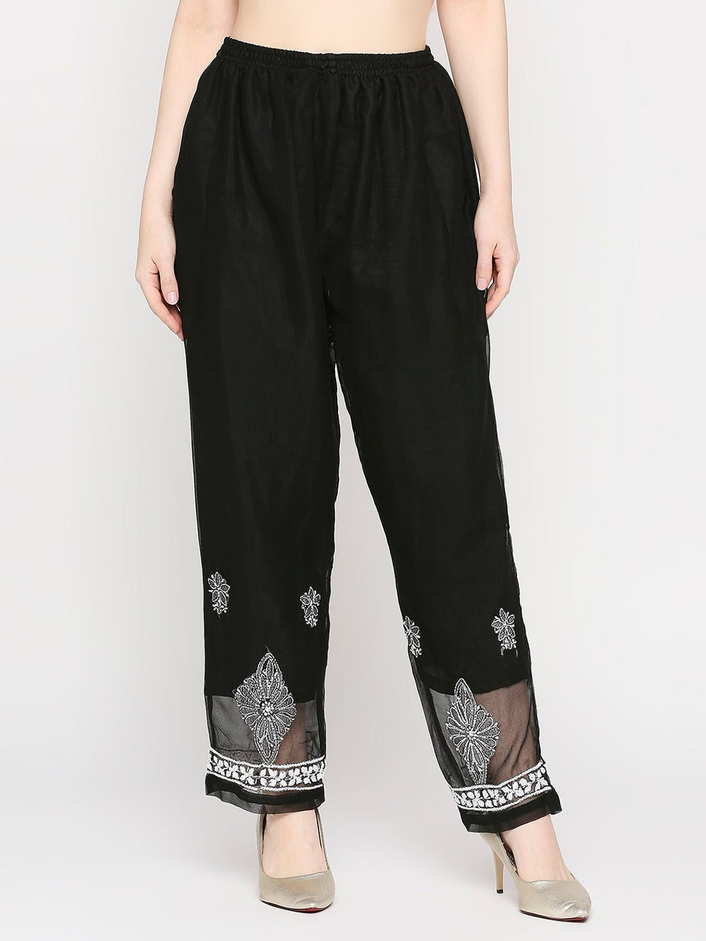 Lucknow Chikankari Hand Embroidered Long Kurta Set and matching slip Black - Indiankala4u