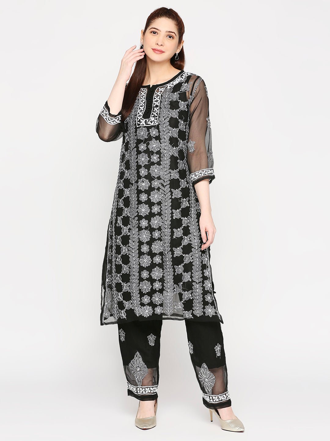 Lucknow Chikankari Hand Embroidered Long Kurta Set and matching slip Black - Indiankala4u