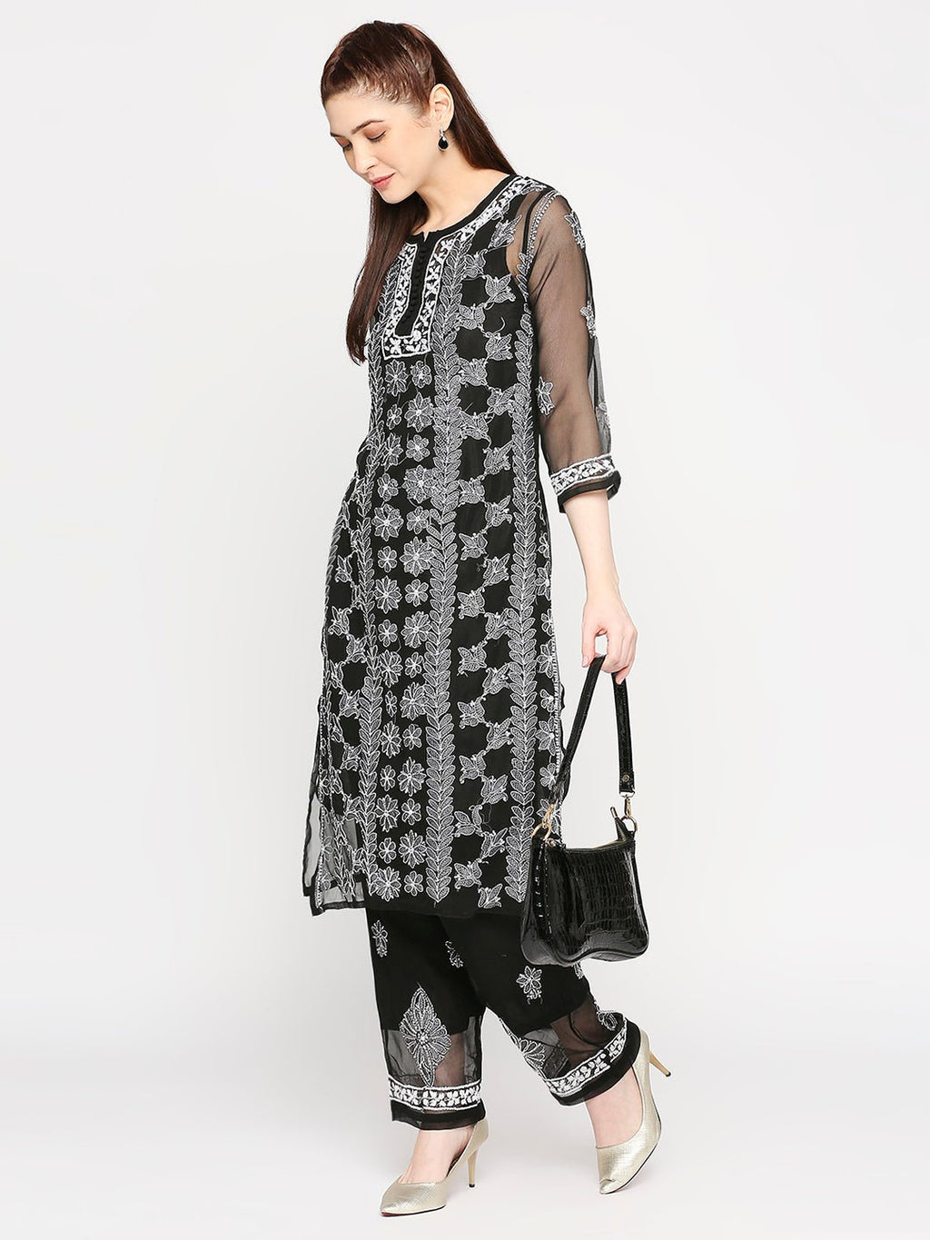 Lucknow Chikankari Hand Embroidered Long Kurta Set and matching slip Black - Indiankala4u