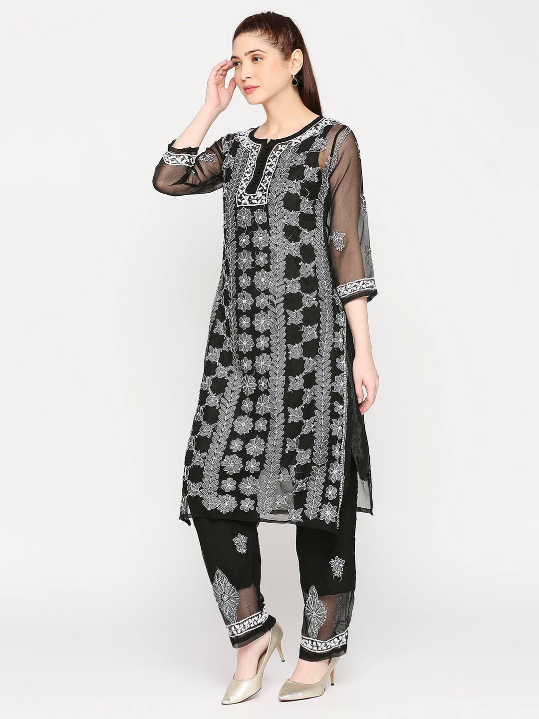Lucknow Chikankari Hand Embroidered Long Kurta Set and matching slip Black - Indiankala4u