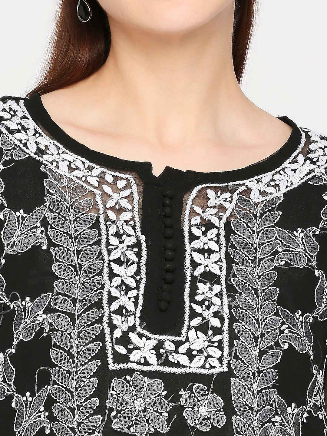 Lucknow Chikankari Hand Embroidered Long Kurta Set and matching slip Black - Indiankala4u