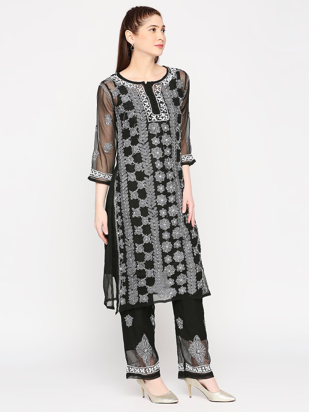 Lucknow Chikankari Hand Embroidered Long Kurta Set and matching slip Black - Indiankala4u