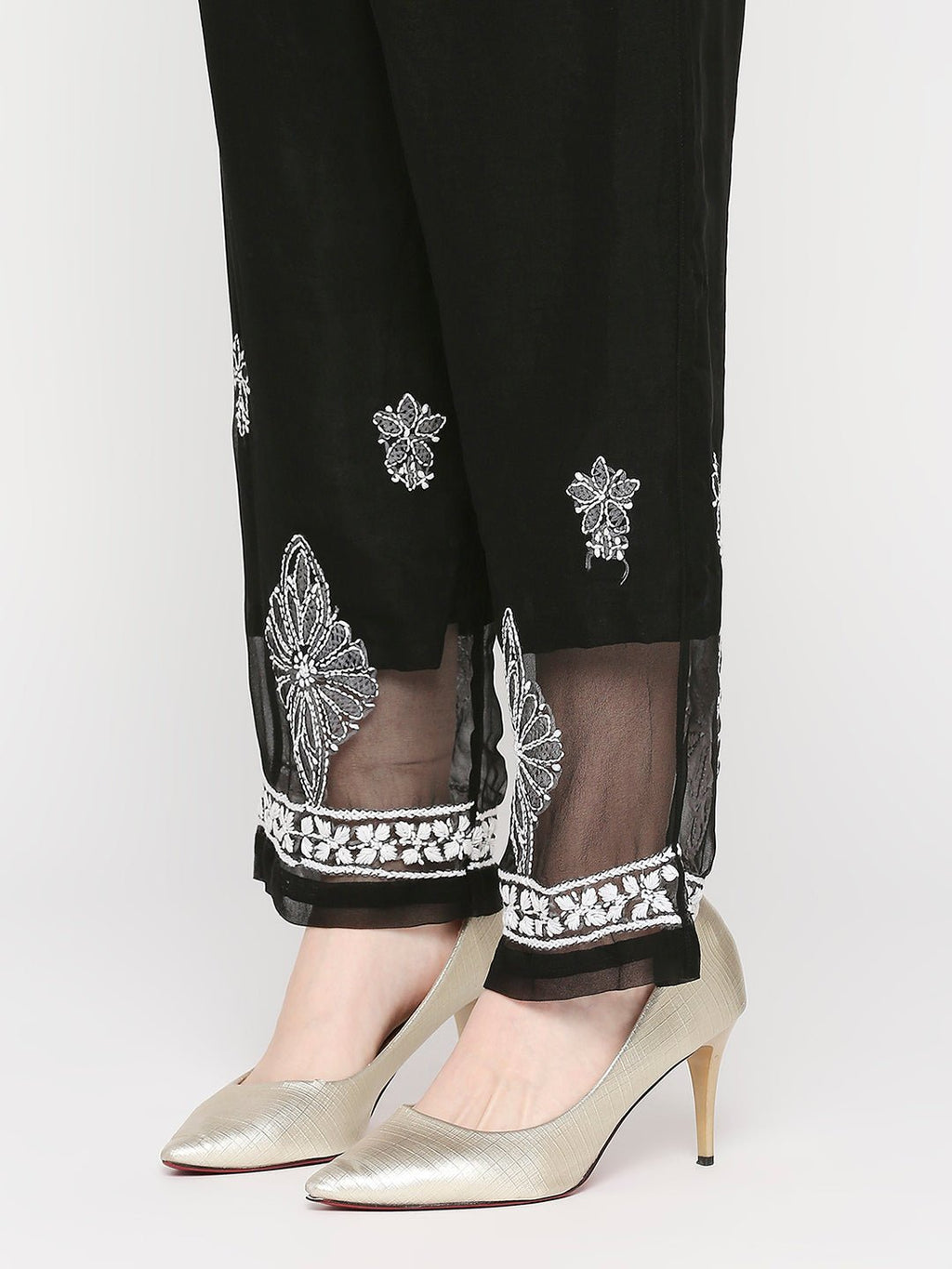 Lucknow Chikankari Hand Embroidered Long Kurta Set and matching slip Black - Indiankala4u