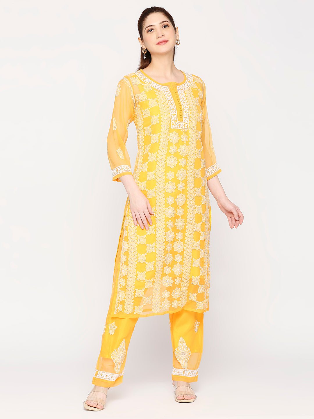 Lucknow Chikankari Hand Embroidered Long Kurta Set and matching slip Mustrad - Indiankala4u