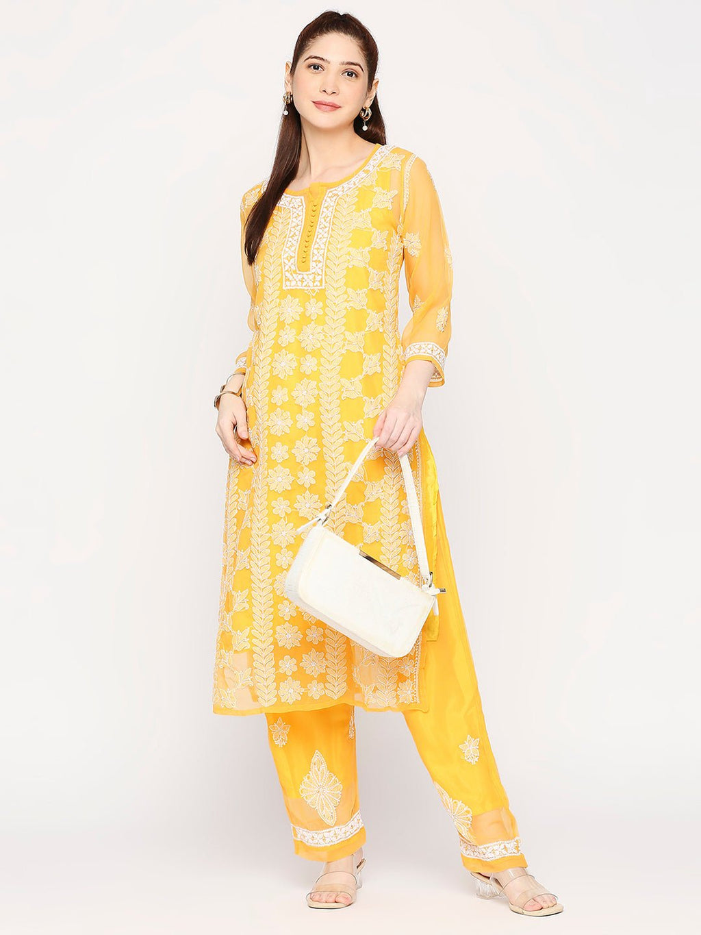 Lucknow Chikankari Hand Embroidered Long Kurta Set and matching slip Mustrad - Indiankala4u