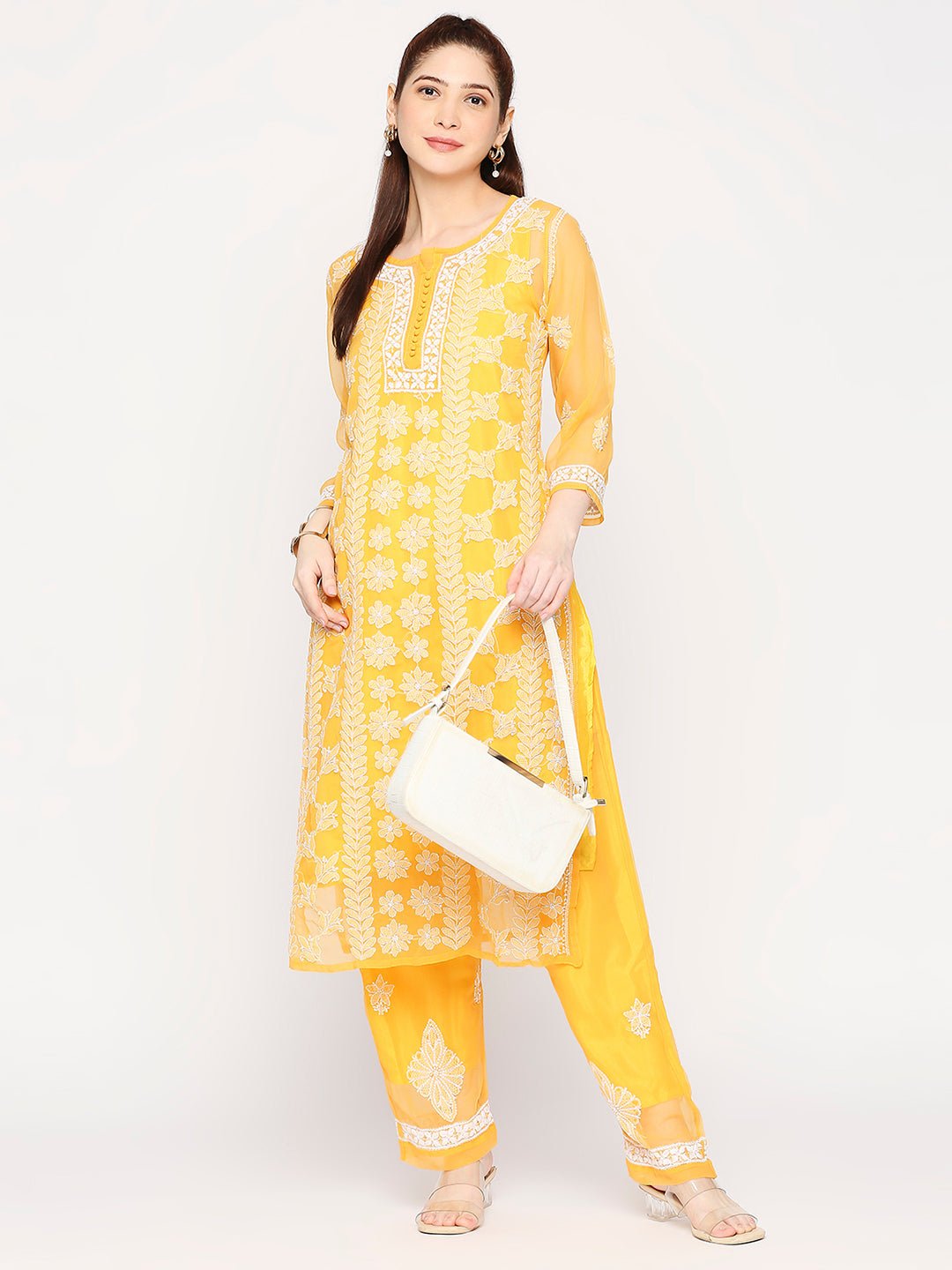 Lucknow Chikankari Hand Embroidered Long Kurta Set and matching slip Mustrad - Indiankala4u