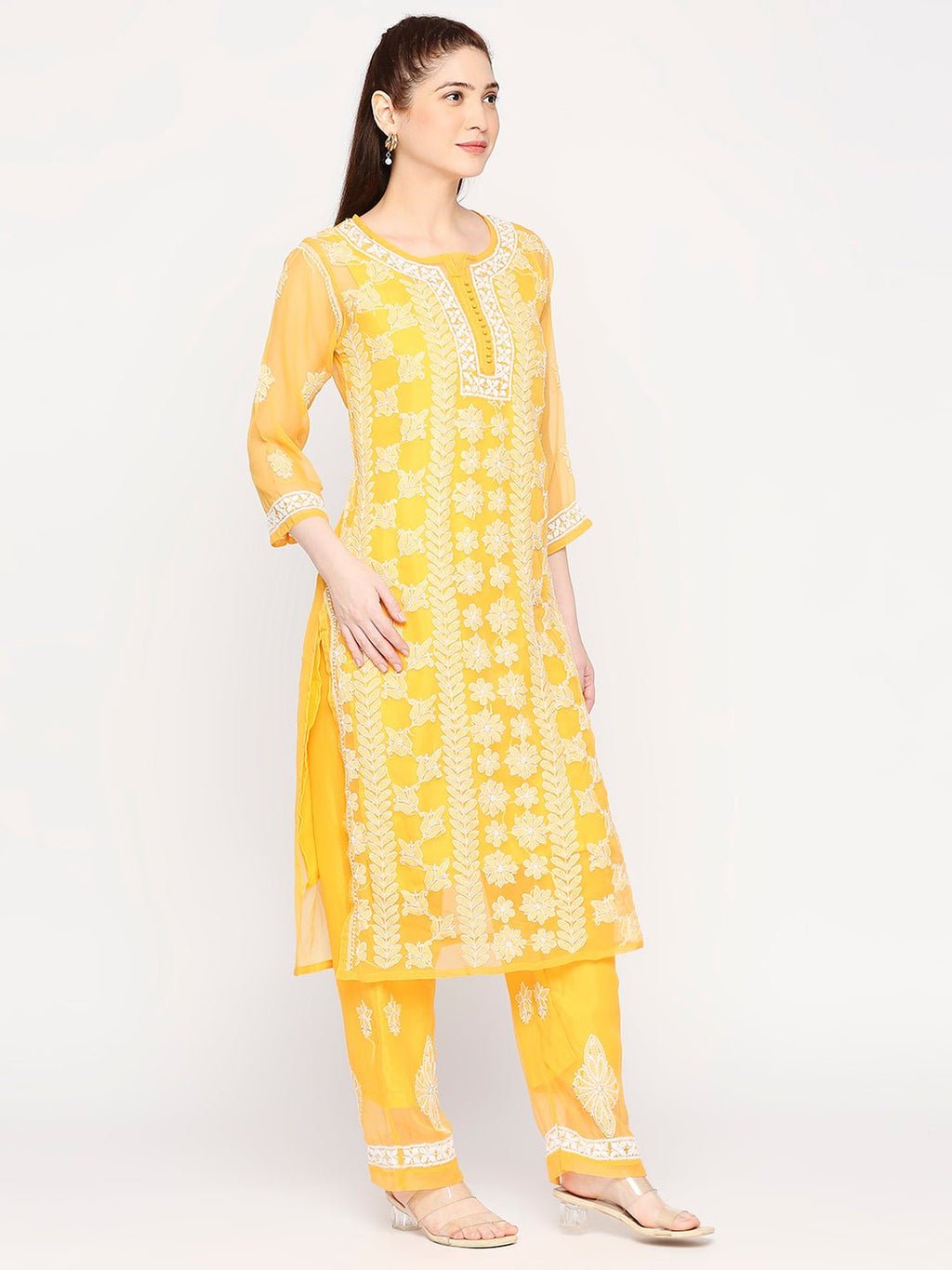 Lucknow Chikankari Hand Embroidered Long Kurta Set and matching slip Mustrad - Indiankala4u