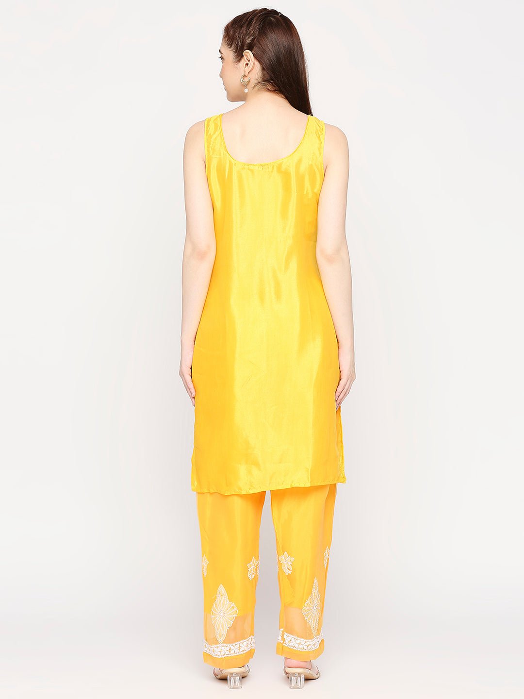 Lucknow Chikankari Hand Embroidered Long Kurta Set and matching slip Mustrad - Indiankala4u