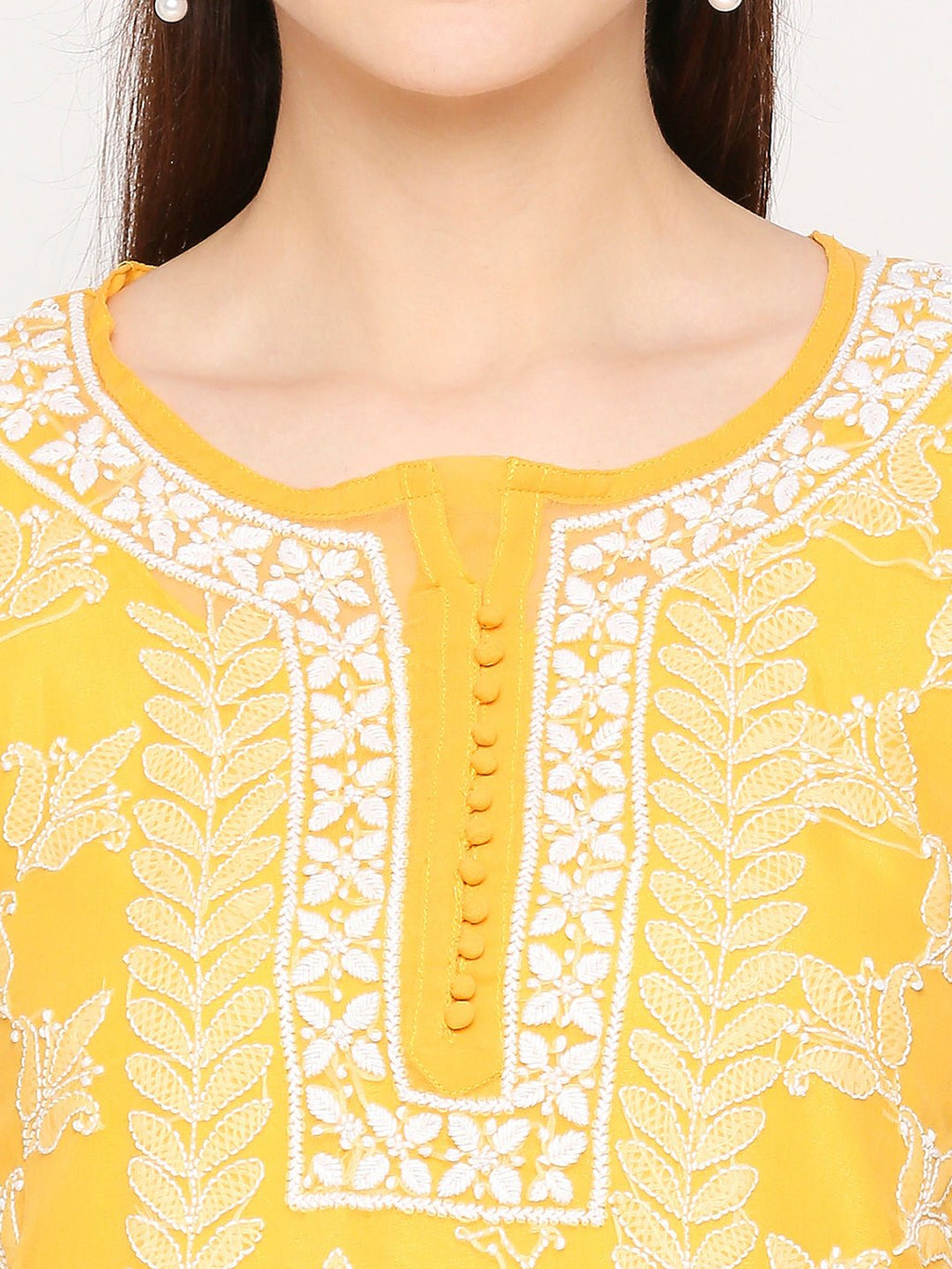 Lucknow Chikankari Hand Embroidered Long Kurta Set and matching slip Mustrad - Indiankala4u