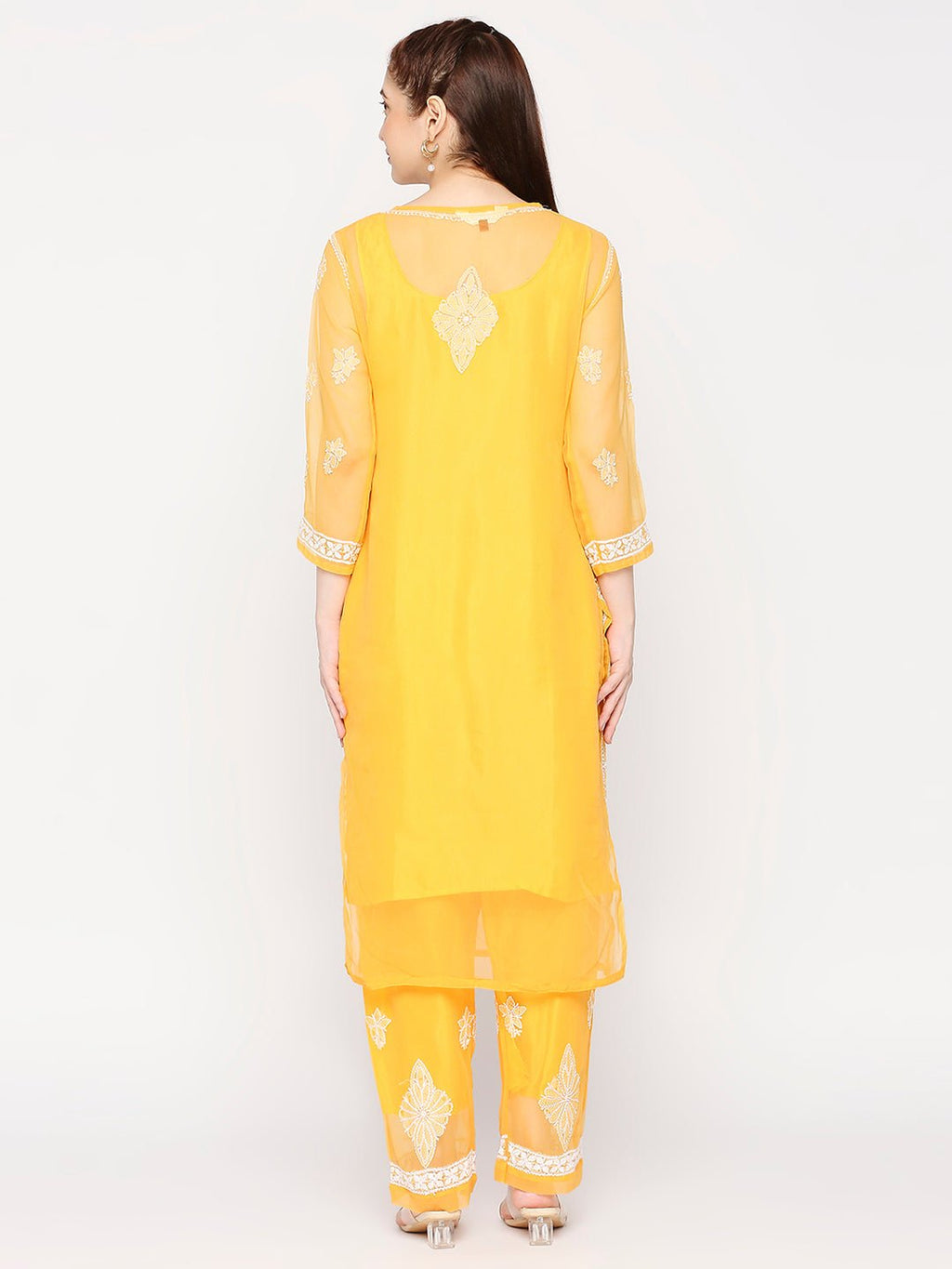 Lucknow Chikankari Hand Embroidered Long Kurta Set and matching slip Mustrad - Indiankala4u