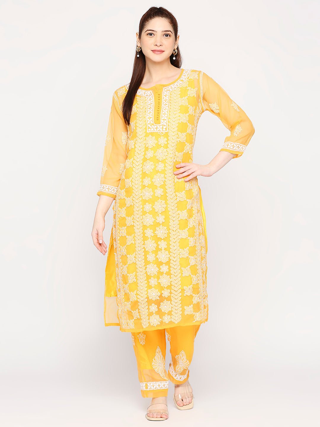 Lucknow Chikankari Hand Embroidered Long Kurta Set and matching slip Mustrad - Indiankala4u
