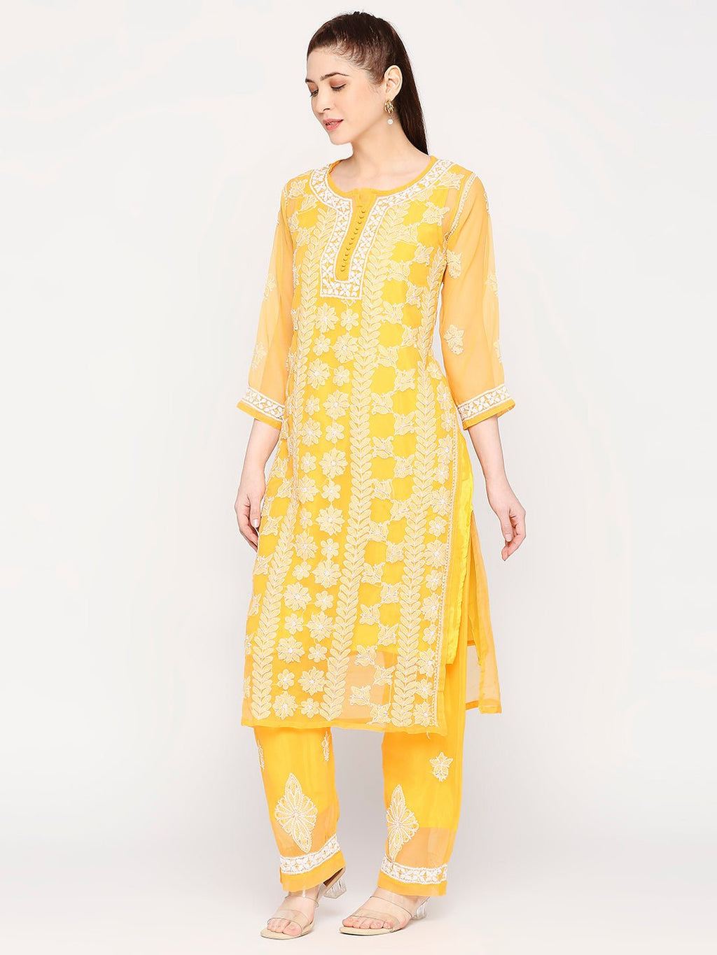 Lucknow Chikankari Hand Embroidered Long Kurta Set and matching slip Mustrad - Indiankala4u