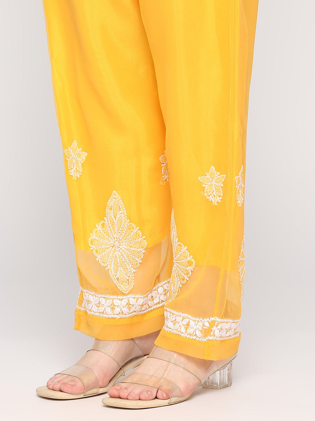 Lucknow Chikankari Hand Embroidered Long Kurta Set and matching slip Mustrad - Indiankala4u