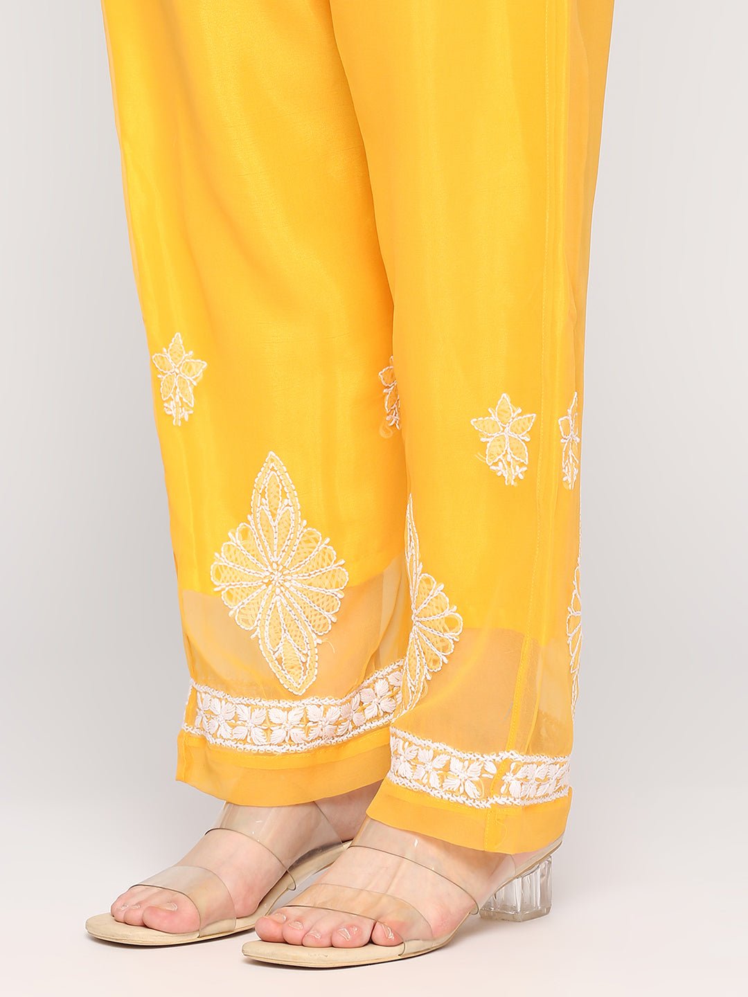 Lucknow Chikankari Hand Embroidered Long Kurta Set and matching slip Mustrad - Indiankala4u