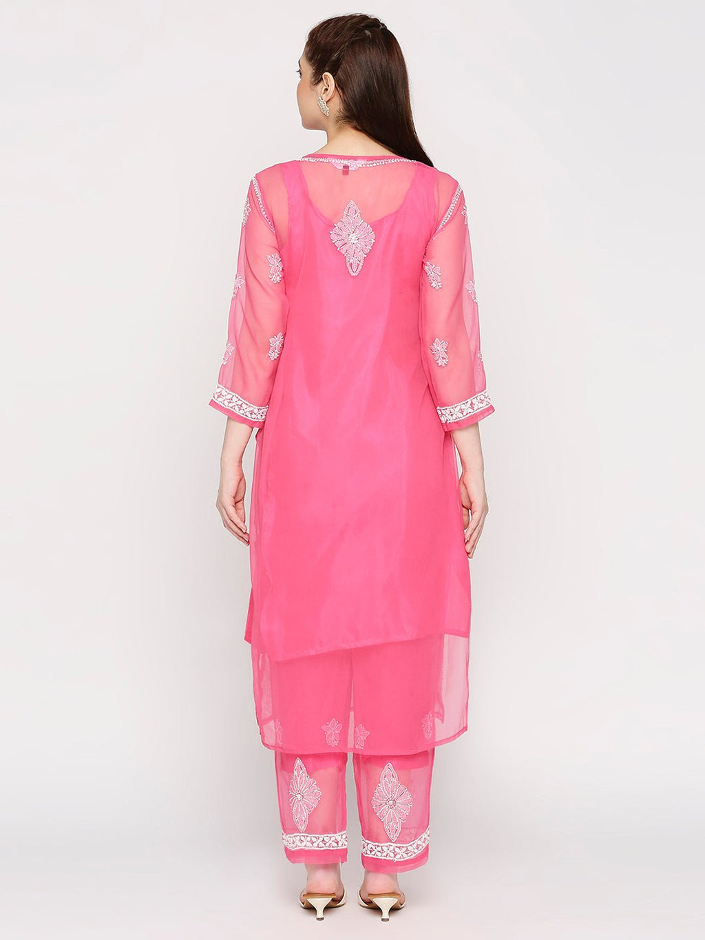 Lucknow Chikankari Hand Embroidered Long Kurta Set and matching slip Pink - Indiankala4u