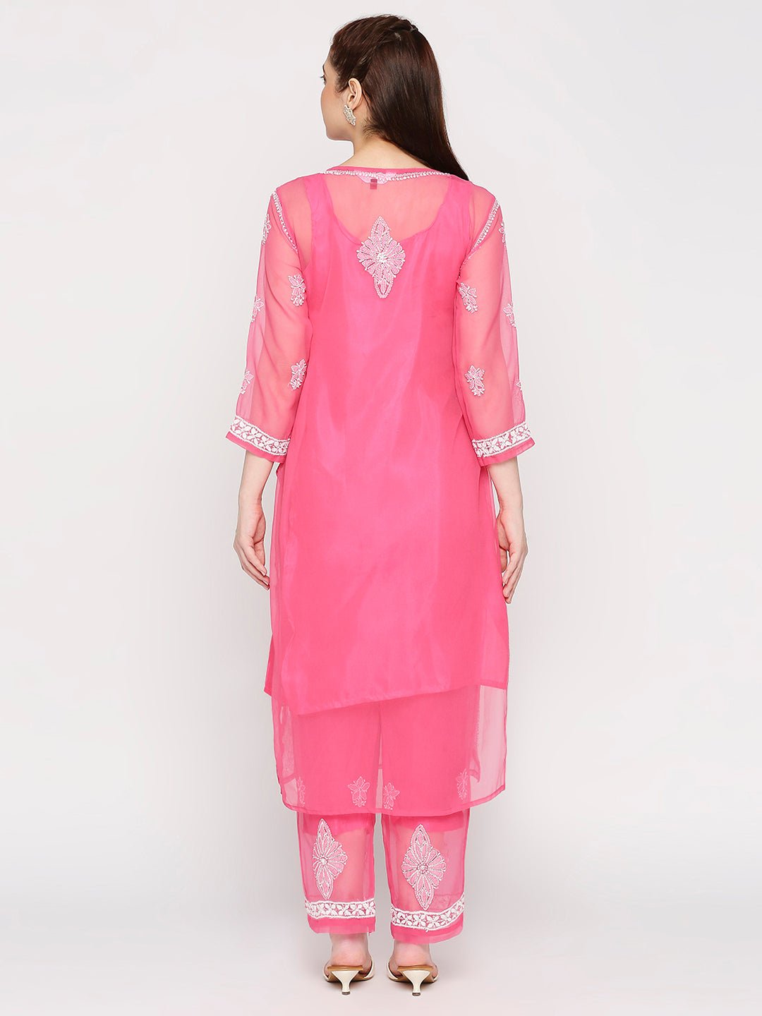 Lucknow Chikankari Hand Embroidered Long Kurta Set and matching slip Pink - Indiankala4u