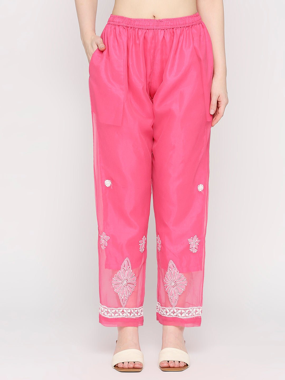 Lucknow Chikankari Hand Embroidered Long Kurta Set and matching slip Pink - Indiankala4u