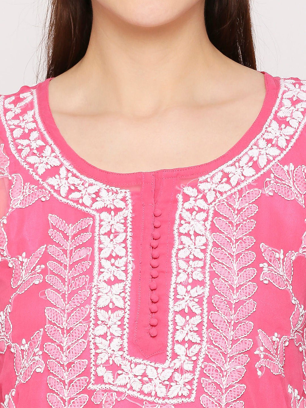 Lucknow Chikankari Hand Embroidered Long Kurta Set and matching slip Pink - Indiankala4u