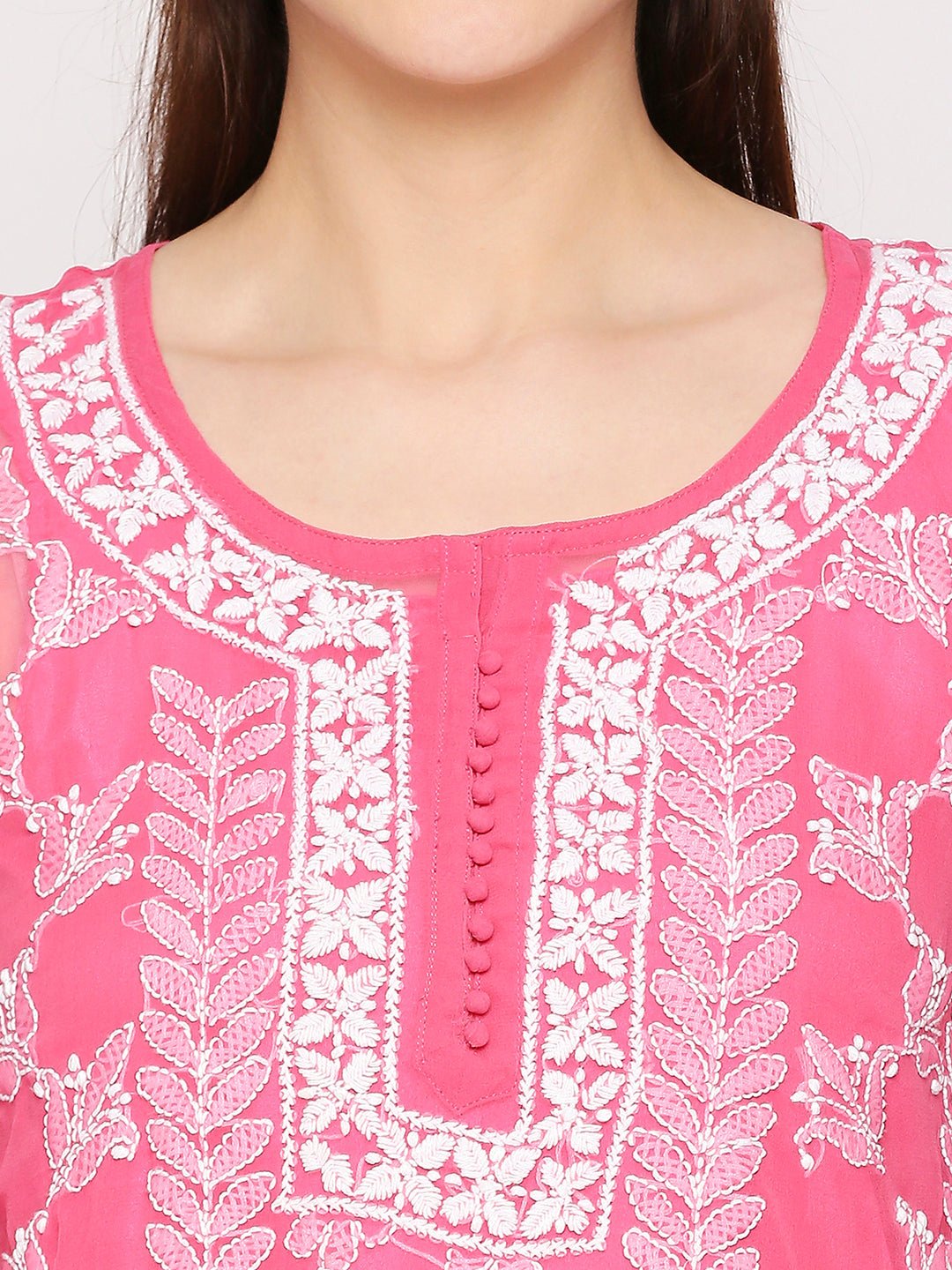Lucknow Chikankari Hand Embroidered Long Kurta Set and matching slip Pink - Indiankala4u