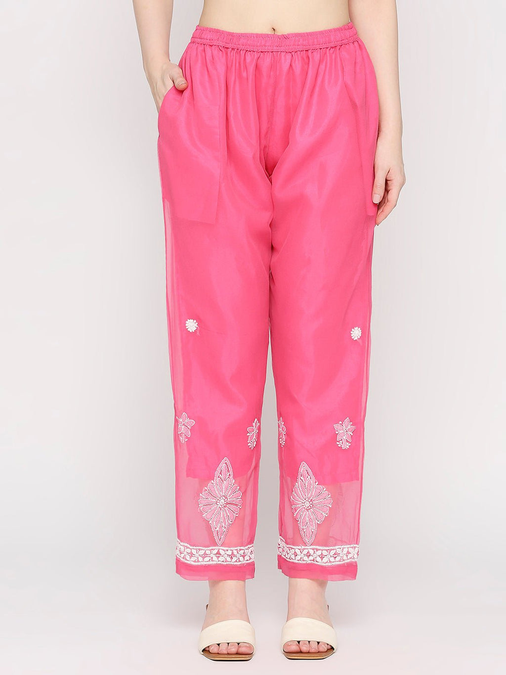 Lucknow Chikankari Hand Embroidered Long Kurta Set and matching slip Pink - Indiankala4u