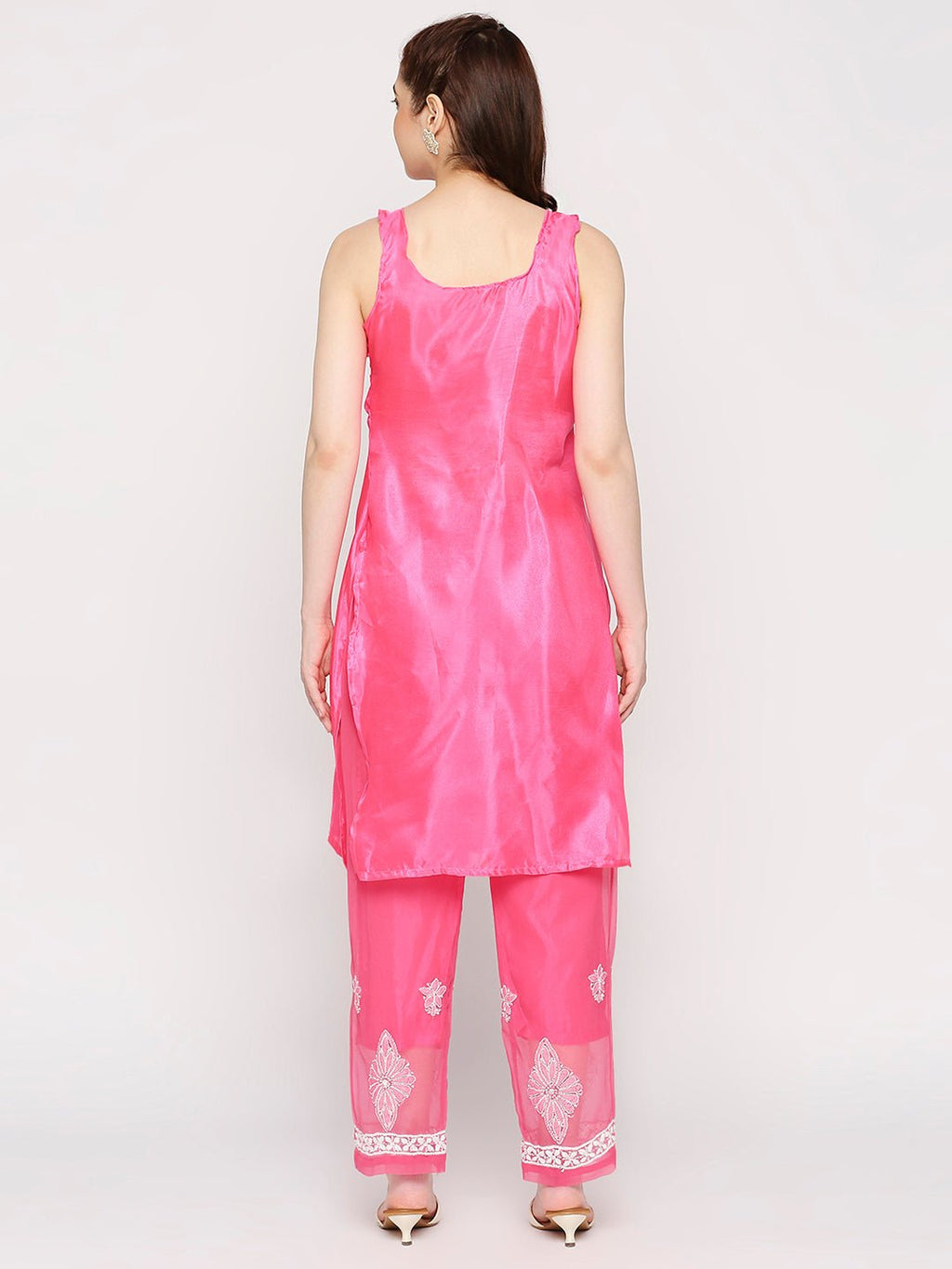 Lucknow Chikankari Hand Embroidered Long Kurta Set and matching slip Pink - Indiankala4u