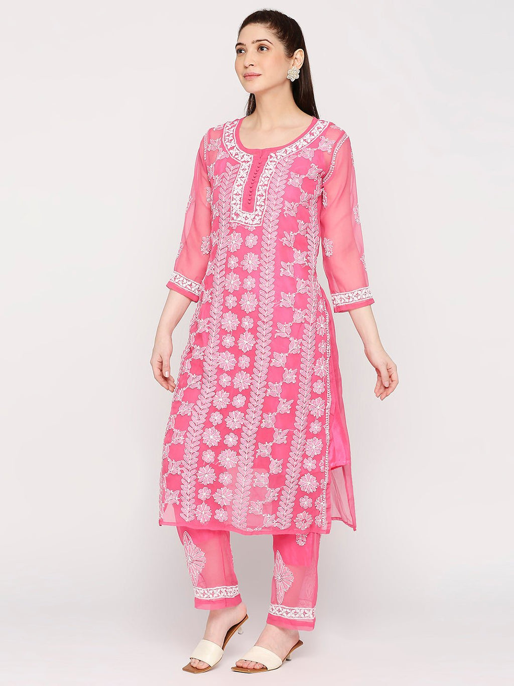 Lucknow Chikankari Hand Embroidered Long Kurta Set and matching slip Pink - Indiankala4u
