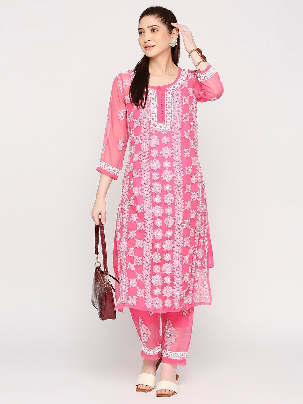 Lucknow Chikankari Hand Embroidered Long Kurta Set and matching slip Pink - Indiankala4u