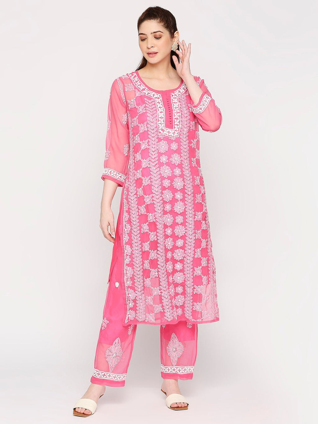 Lucknow Chikankari Hand Embroidered Long Kurta Set and matching slip Pink - Indiankala4u