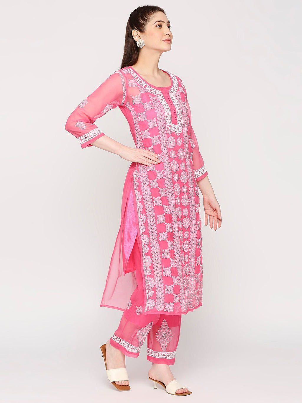 Lucknow Chikankari Hand Embroidered Long Kurta Set and matching slip Pink - Indiankala4u