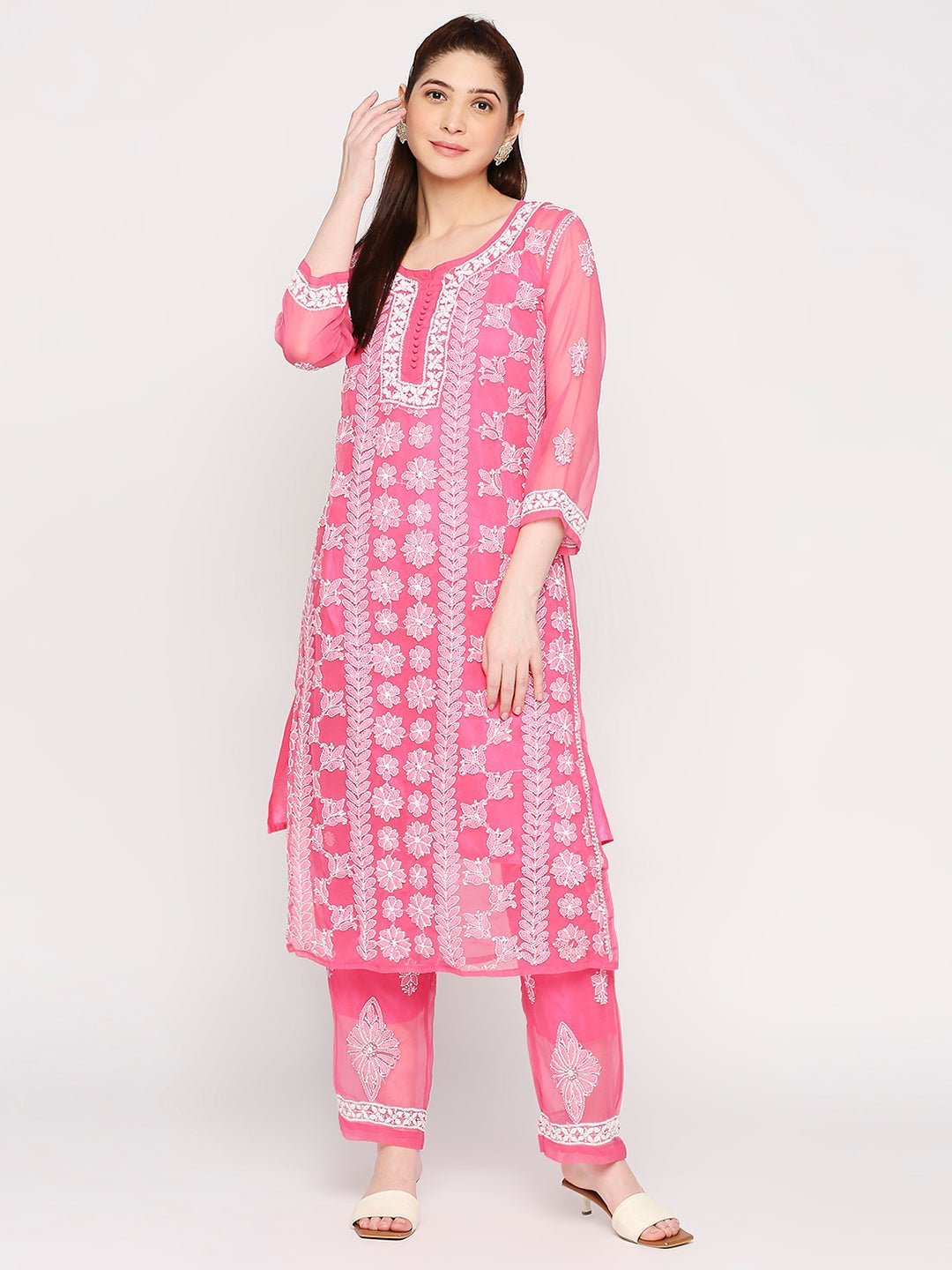 Lucknow Chikankari Hand Embroidered Long Kurta Set and matching slip Pink - Indiankala4u