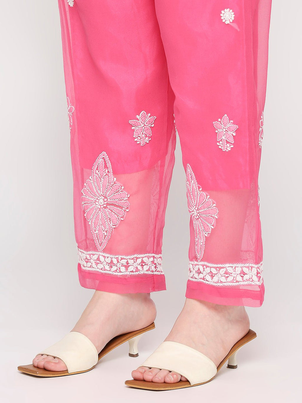 Lucknow Chikankari Hand Embroidered Long Kurta Set and matching slip Pink - Indiankala4u