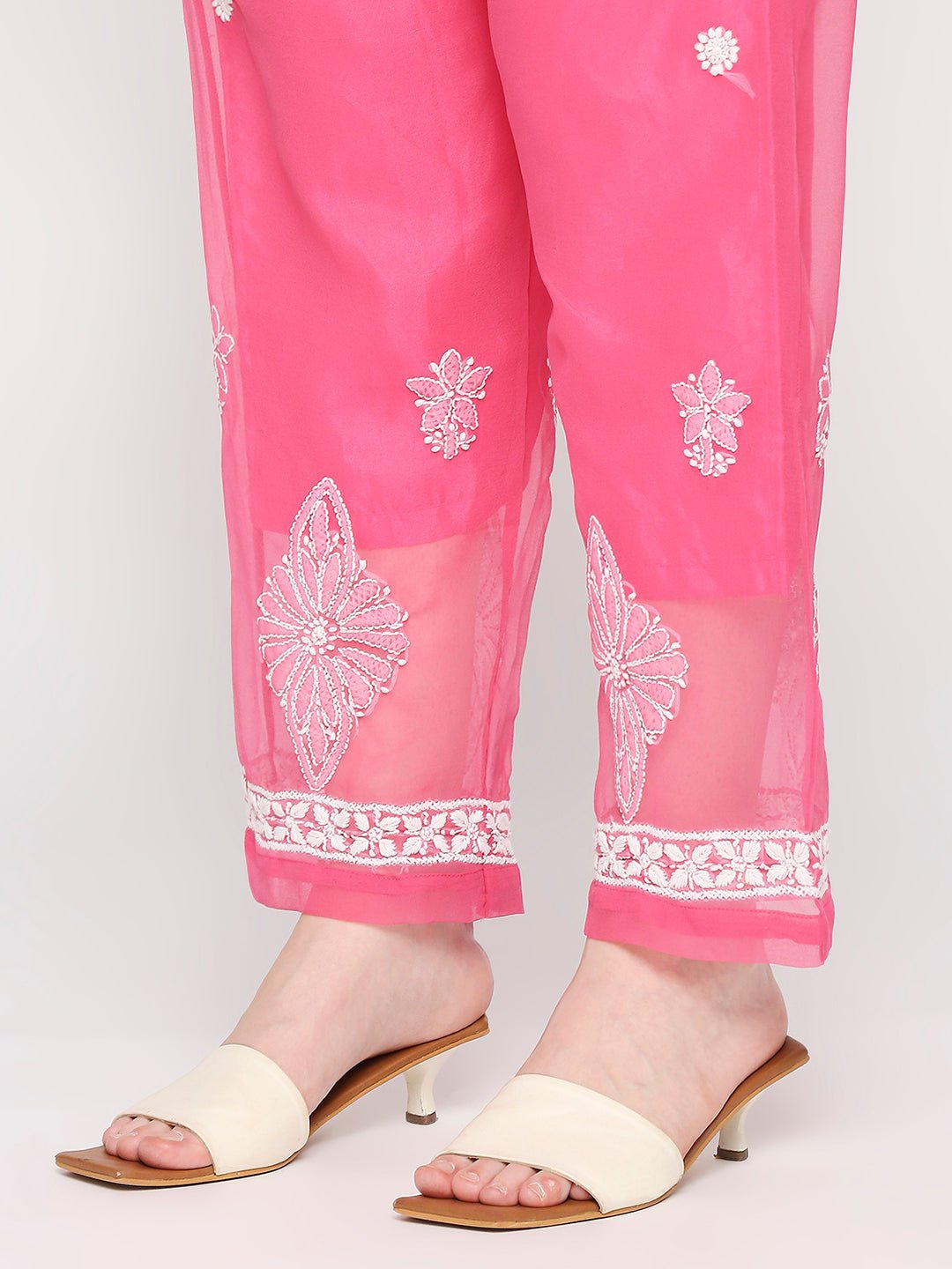 Lucknow Chikankari Hand Embroidered Long Kurta Set and matching slip Pink - Indiankala4u