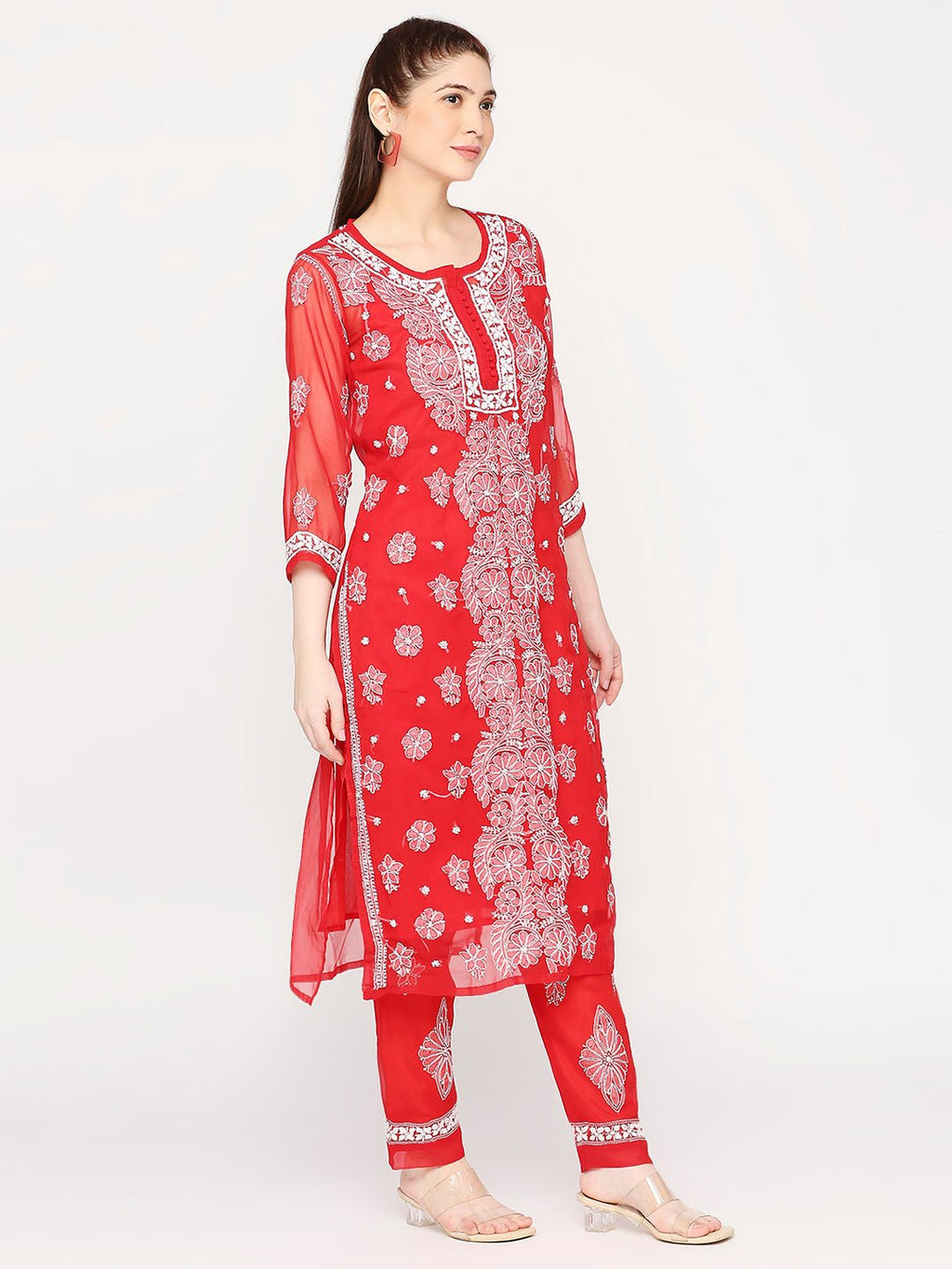 Lucknow Chikankari Hand Embroidered Long Kurta Set and matching slip RED - Indiankala4u