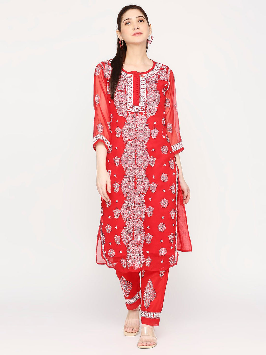Lucknow Chikankari Hand Embroidered Long Kurta Set and matching slip RED - Indiankala4u