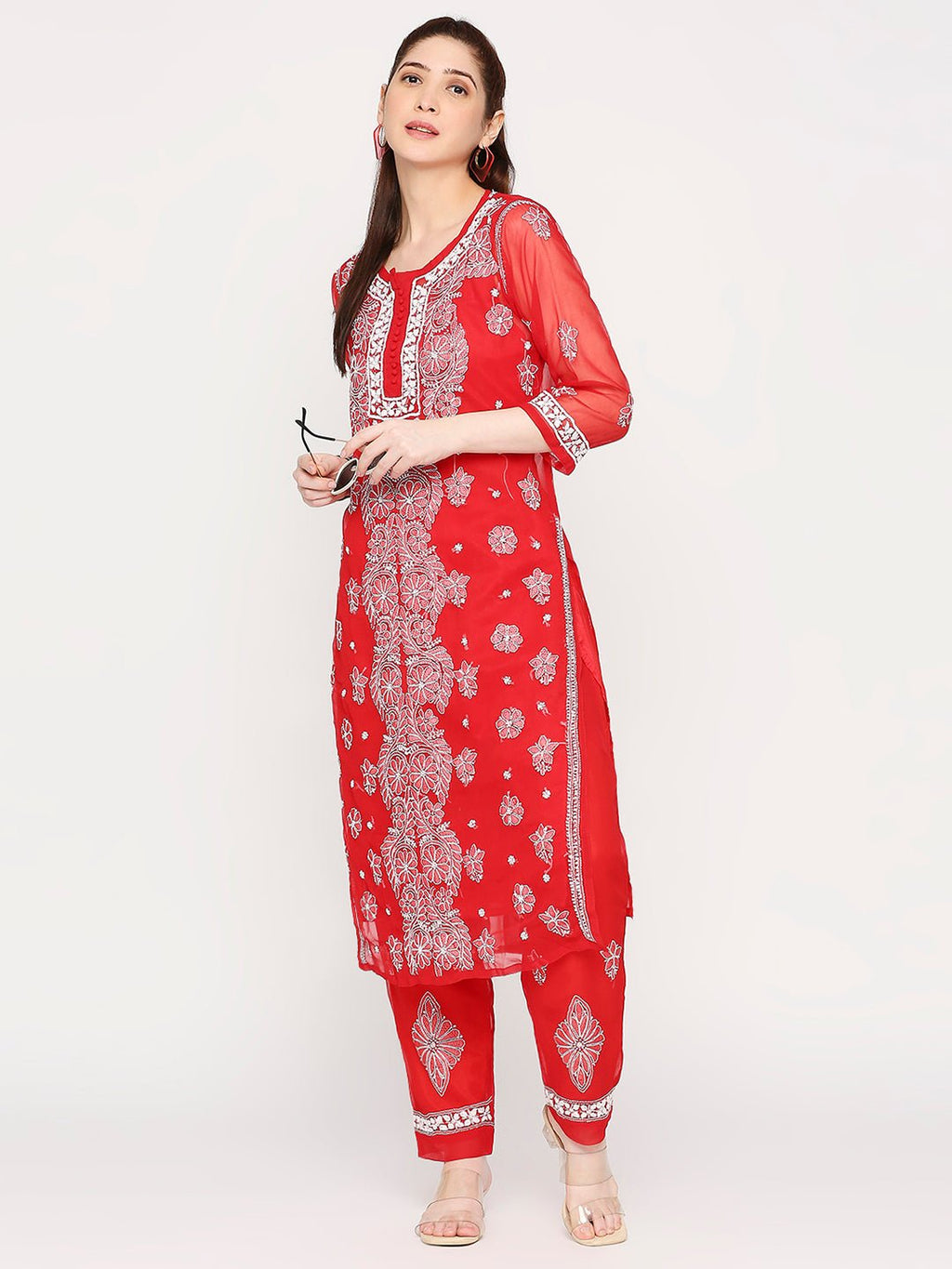 Lucknow Chikankari Hand Embroidered Long Kurta Set and matching slip RED - Indiankala4u